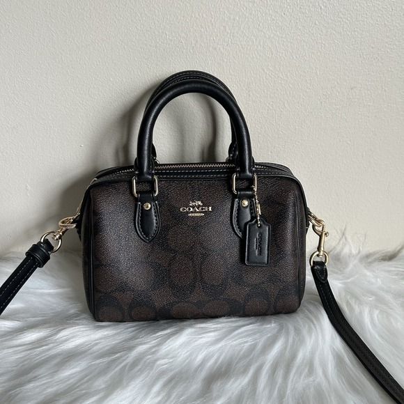 Coach Handbags - Coach Mini Rowan Brown Black Signature Canvas Leather Satchel Bag Excellent